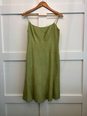 Women's Sage Green LINEN Spaghetti Strap Dress Gold Embroidery ,Beads & Sequins